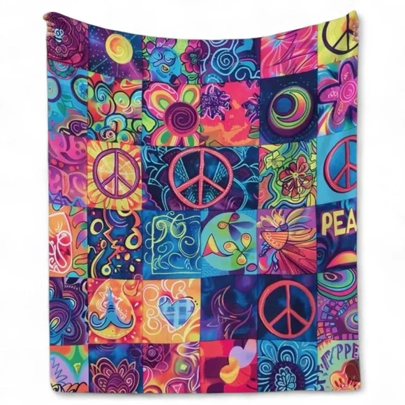 Hippie Peace Symbol Psychedelic Patterned Flannel Blanket NWT - Picture 4 of 4